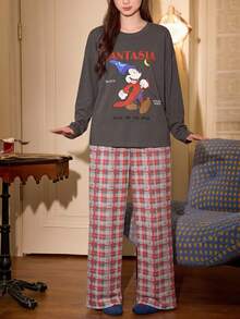 Gongdie 2 Pieces Disney Mickey Christmas Pajamas For Women,Fall Red Plaid Soft Cotton Loungewear With Crew Neck And Pocket - Grey - View 10