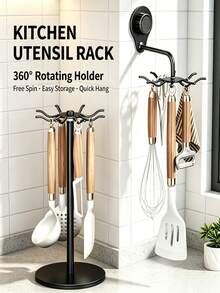 1pc Multi-Hook 360 Degree Swivel Kitchen Utensil Storage Rack, No Drill Suction Wall Mount/ Countertop Stand Optional, Thickened Carbon Steel Spatula Ladle Hanging Holder, Space Saving Kitchen Organizer For Apartment & Rental House, Standing Shelf - Multicolor - View 2
