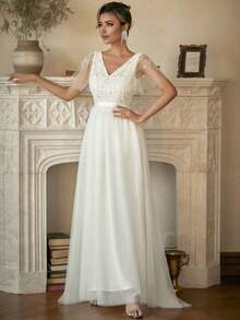 Elegant White V-Neck Bridesmaid Dress, Beaded Lace Bodice Design, With Flutter Sleeves, Suitable For Vacation, Wedding, Birthday, Party, Homecoming, - White - View 1