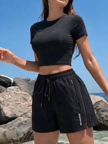 Women's Summer Sports Shorts, Elastic Waist Drawstring Running Pants, Suitable For Indoor Gym And Outdoor Running - Black - View 3
