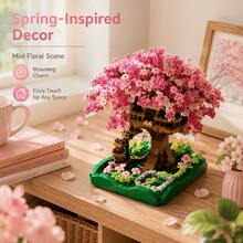1104pcs Pink Cherry Blossom Tree House Micro Particle Building Blocks Assembly Toy, Healing Style Micro Landscape Architecture Potted Plant Model, Desktop Decor Girls Holiday Birthday Gift - Multicolor - View 2