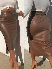 Versatile Fashion Casual Office Commute Asymmetric Button Slit Midi Pencil Skirt For Women - Brown - View 1