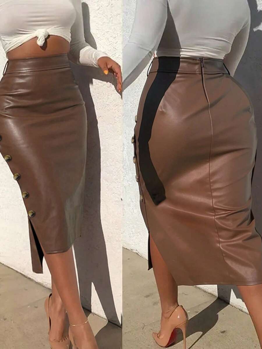 Versatile Fashion Casual Office Commute Asymmetric Button Slit Midi Pencil Skirt For Women - Brown - View 1