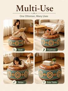 Round Storage Ottoman, Large Capacity Soft Footstool With Hidden Clothes Storage, Padded Seat & Floral Fabric Design, Multifunctional Organizer Stool For Adults, Bedroom Living Room Closet Dorm Home, Space Saving Furniture - Brown - View 5