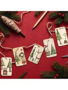 50Pcs Christmas Gift Tags, Vintage Hand Drawn Xmas Hanging Labels With 10m Hemp Rope, 5 Designs Cute Reindeer Bear Angel Dog Tree Pattern, Kraft Paper Gift Tags For Holiday Gift Wrapping, Present Box, Goodie Bag, Christmas Party Decor & DIY Craft - Multicolor - View 3