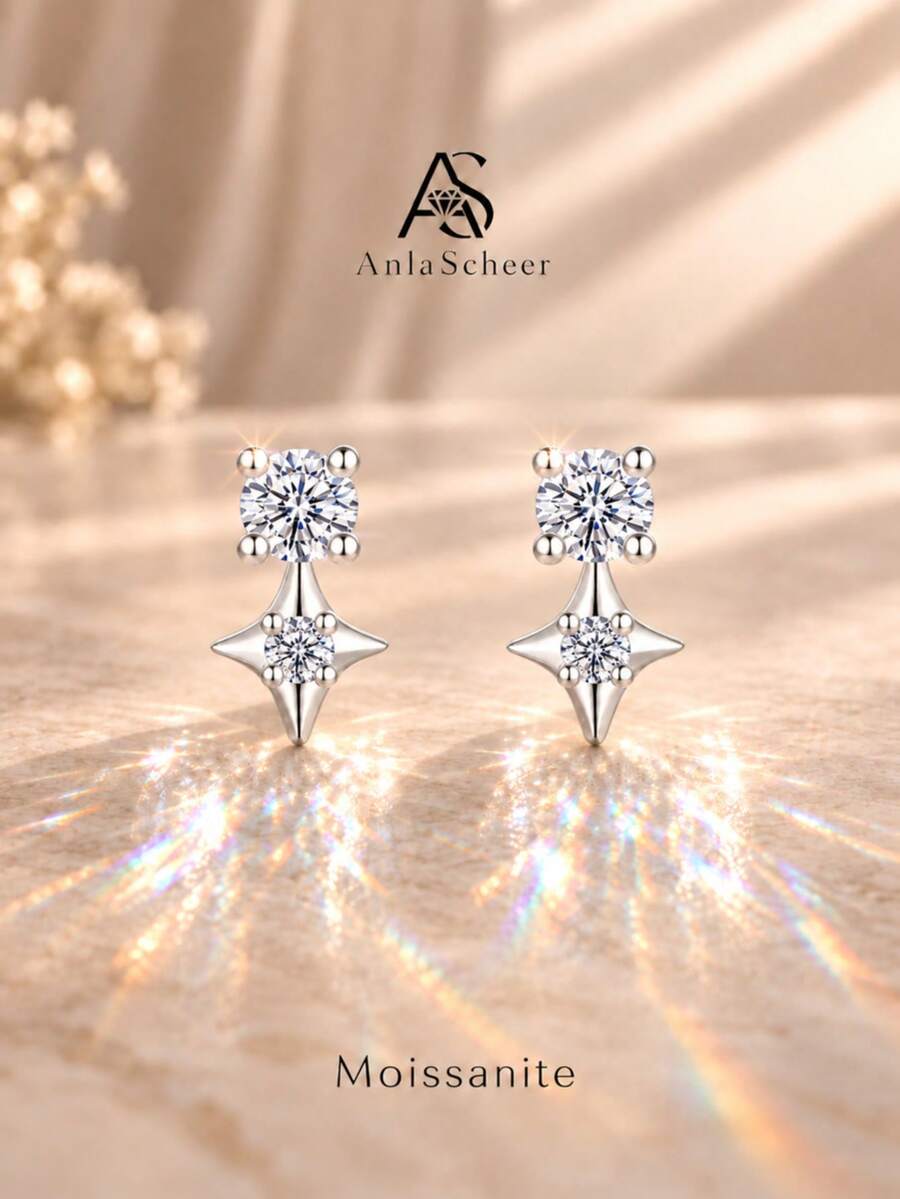 AnlaScheer 1pc Gold Tone S925 Sterling Silver Four-Pointed Star Moissanite Screw Back Flat Head Stud Earrings, Suitable For Women And Girls, Low Hypoallergenic, Daily Wear, Party And Gift - Silver - View 1