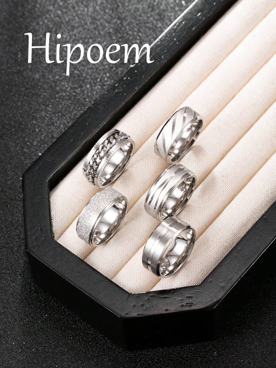 Hipoem Set 5 Cincin Pria Stainless Steel Bergaya dengan Elemen Rantai Timbul Matte, Cocok untuk Pemakaian Sehari-hari dan Aksesori Halloween - Perak - View 1