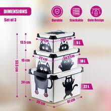 Geezy Decorative Storage Boxes With Lids Set Of 3 (22, 10, 5L) - Nesting Stackable Plastic Containers With Handles, Bedroom, Office, Wardrobe, Garage - Cute Cat Theme For Toys, Clothes, Home, Files - View 3