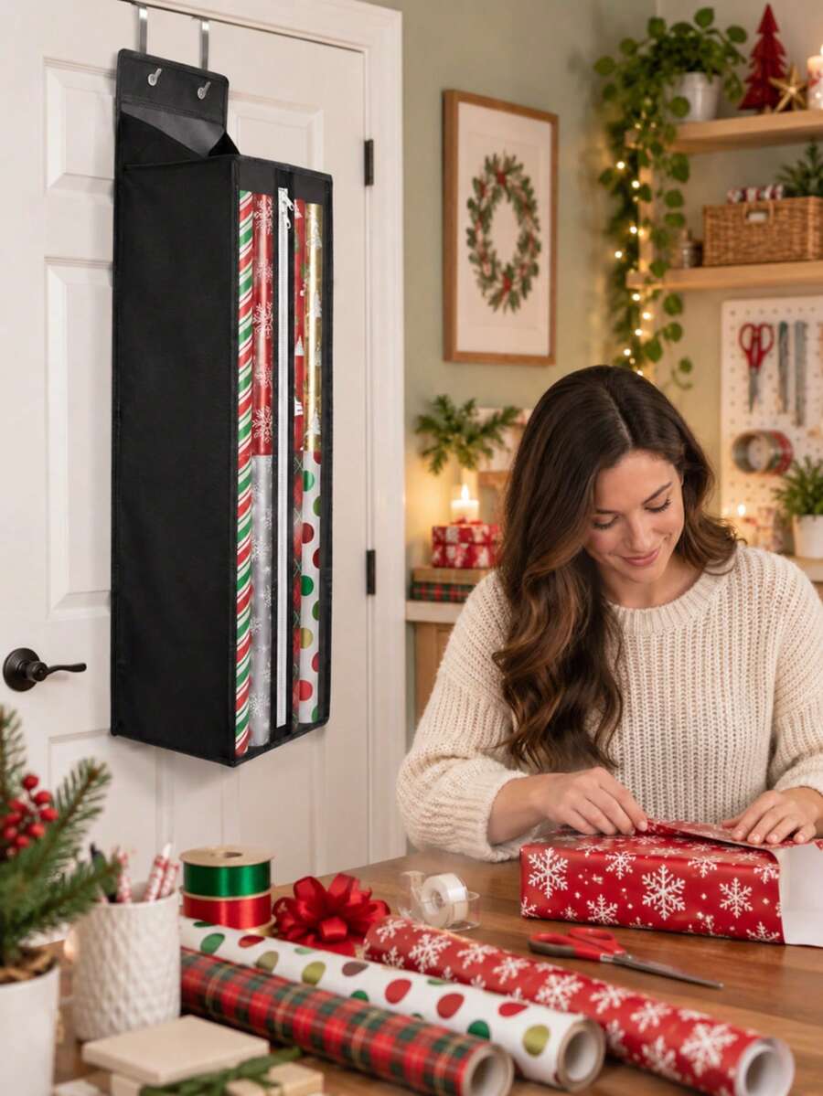 1pc Black PVC Gift Wrapping Paper Storage Hanging Bag, Door Back Hat Storage Bag, Large Capacity Space-Saving Closet Storage Bag, Art Room Craft Paper Storage Bag, Suitable For Holidays, Study, Classroom, Bedroom - Black - View 1