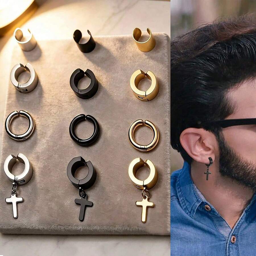 12pcs Fashion Street Stainless Steel Ear Clips, Available In Multiple Colors, Suitable For Daily Wear Or Party Occasions, Also Can Be Given As Gifts To Family And Friends - 12-piece Clip-on Earring Set - View 1