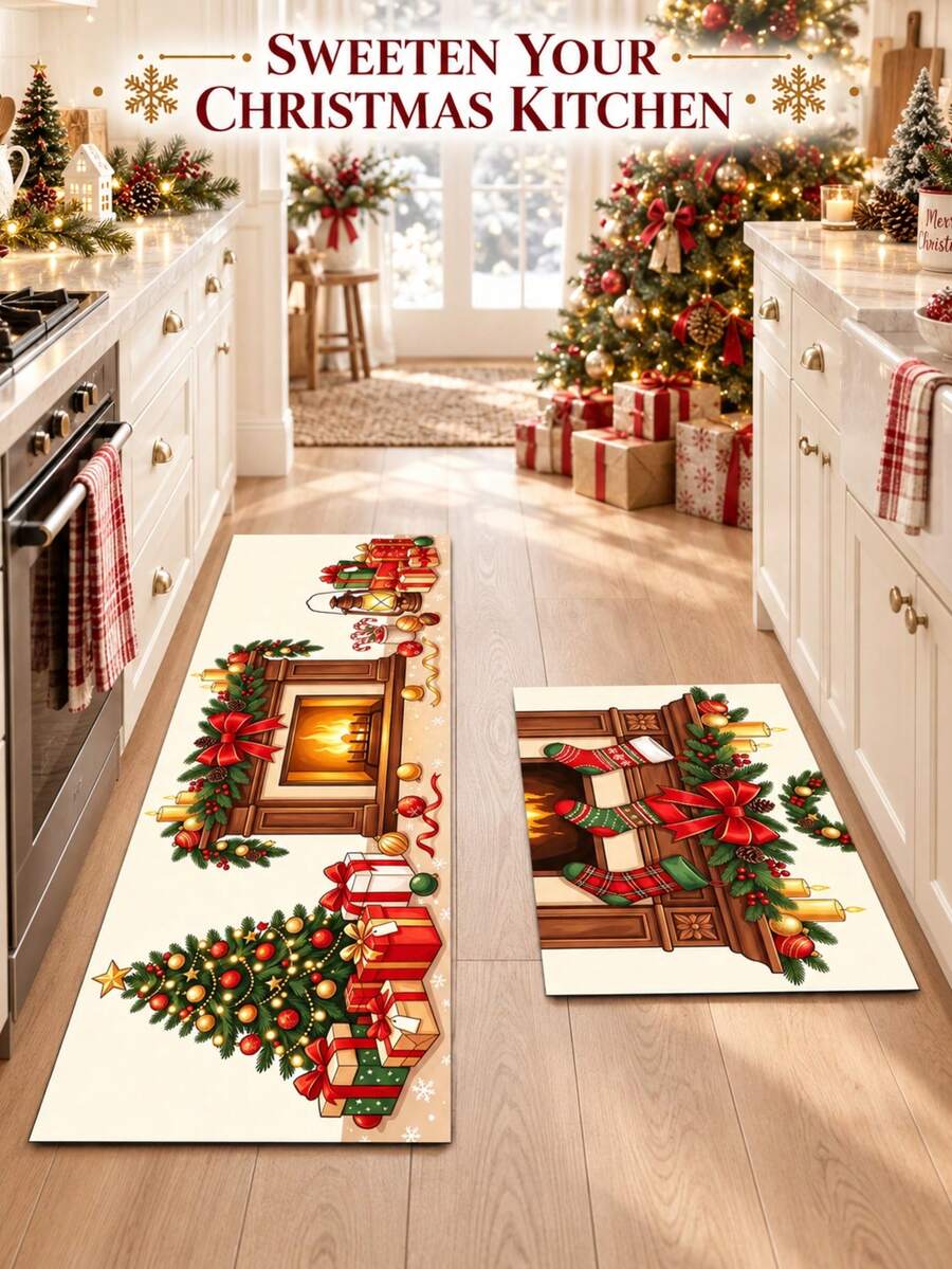 1/2pcs Christmas Floor Mat, Vintage Diatomaceous Earth Mat, Christmas Gift Pattern, Super Absorbent, Non-Slip, Perfect For Bathroom, Kitchen And Dining Room, Quick Dry, Ideal Home Decor And Bathroom Mat Gift - Multicolor - View 1