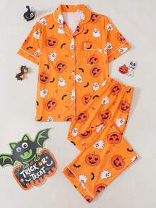 2PCS Set Piyama Atasan Lengan Pendek dan Celana Panjang Motif Kartun dan Hantu Halloween, Set Pakaian Rumahan Pesta Halloween yang Nyaman dan Lucu untuk Musim Gugur/Dingin - Jeruk - View 1
