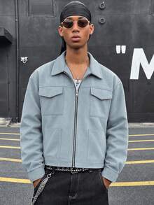 HOMIIE Men's Light Blue Faux Suede Short Zip-Up Jacket, Lapel Design, Multi-Pocket Flap, Loose Fit Vintage Streetwear Style - Dusty Blue - View 1