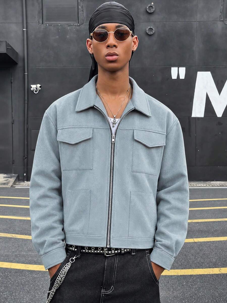 HOMIIE Men's Light Blue Faux Suede Short Zip-Up Jacket, Lapel Design, Multi-Pocket Flap, Loose Fit Vintage Streetwear Style - Dusty Blue - View 1