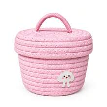 1pc Cute Woven Storage Basket For Home Lovers, Decorative Rope Organizer With Adorable Cartoon Patch Design, Handmade Storage Box With Lid For Toys, Clothes, Bedroom, Living Room Organization & Home Decor - Multicolor - View 9