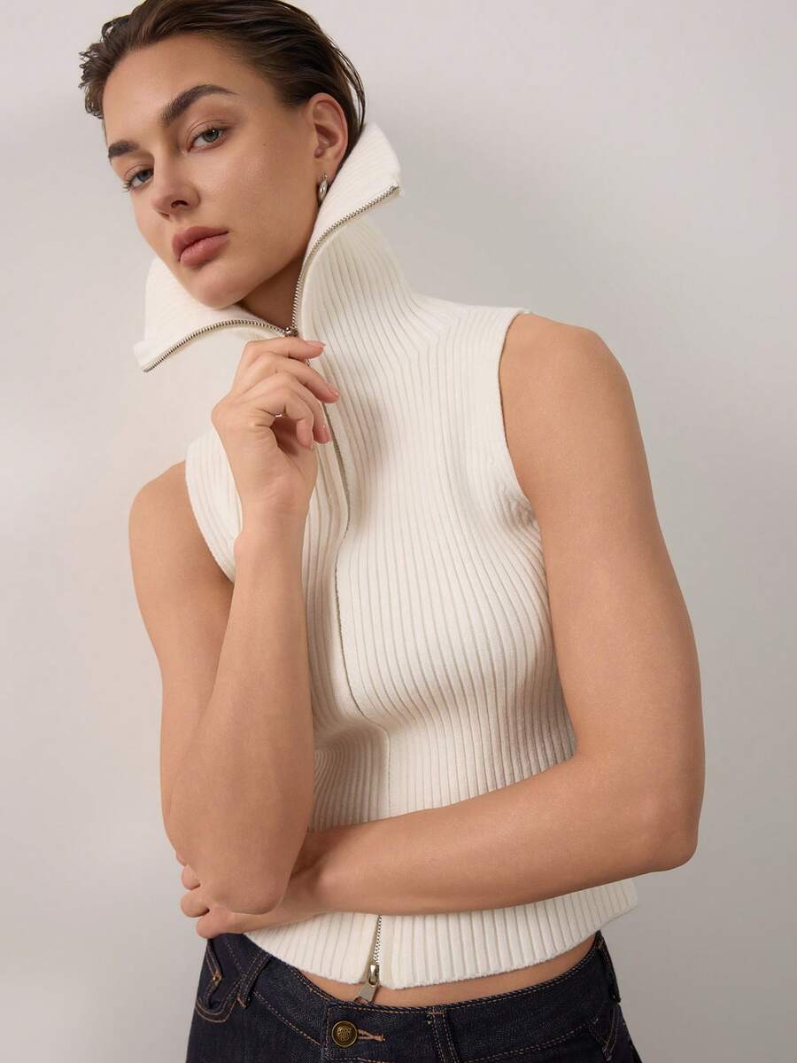 Women's Casual Fashionable Daily Commute Zip-Up Lapel Ribbed Knit Vest Top White Summer - White - View 1