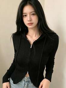 YCYC 秋冬設計雙向拉鍊女款長袖連帽針織開襟衫 黑色 - 黑色 - 查看 6
