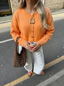 Orange Women's Early Autumn New Knit Cardigan, Lazy Loose Drop Shoulder Round Neck Single-Breasted Short Sweater, Minimalist Round Neck Metal Button Daily Commute Short Sweater - Orange - View 10