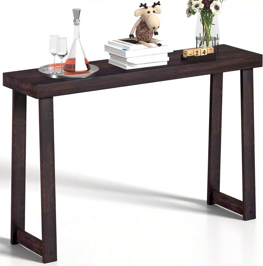 Mesa consola de madera maciza (46 x 12 x 32 pulgadas) - Mesa estrecha de entrada y pasillo, mesa de sofá para sala de estar/vestíbulo, fácil montaje - Negro - Ver 1