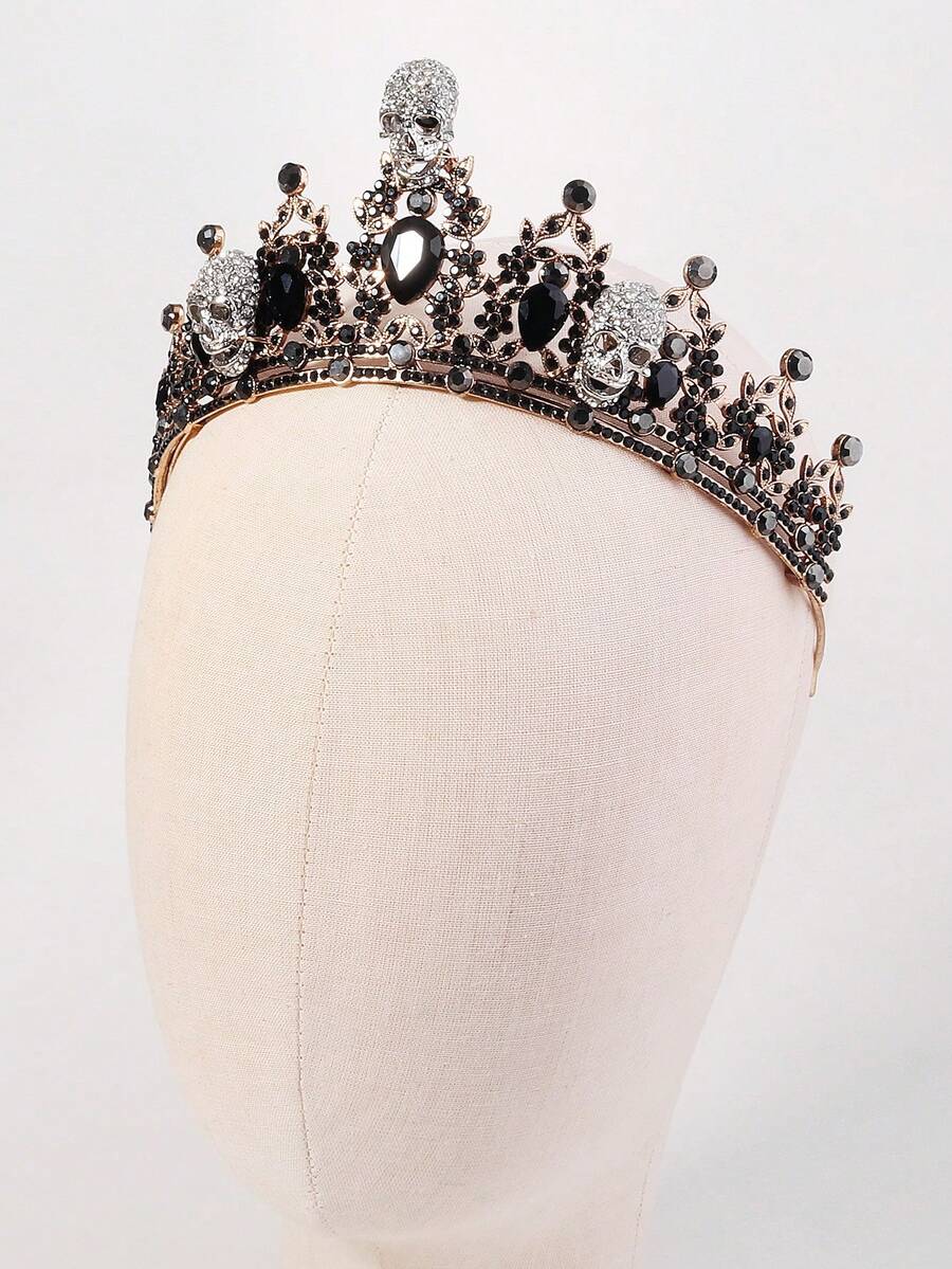 1pc Gothic Skull Queen Crown, Vintage Black Rhinestone Baroque Tiara, Crystal Skeleton Headpiece For Halloween Cosplay Costume Party