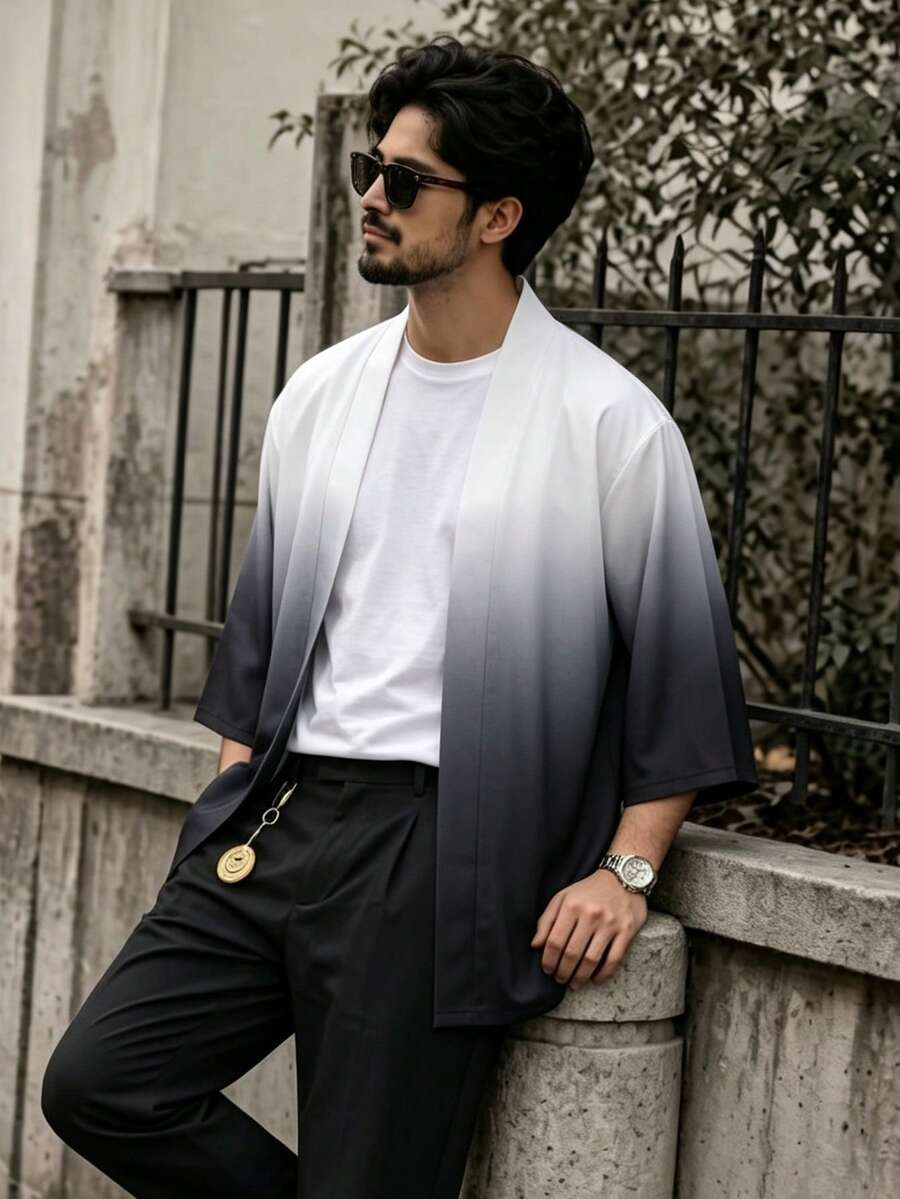 Men's Vintage Gradient Japanese Kimono Print Cardigan Shirt - 100% Polyester Lightweight Loose Collarless Design, Spring Summer Autumn Sun Protection Shawl - Black - View 1