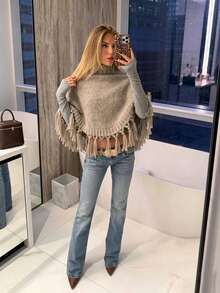 FOR BEAUTY Fall Winter Women Sweaters Y2K Boho Khaki Fringe Tassel Turtleneck Crop Poncho Knit Tops Sweaters Vacation Party Concert Going Out Clothes - Grey - View 6