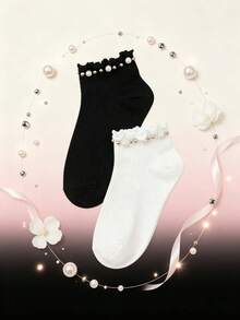 1/3 Pairs Women's Ruffle Cuff Short Socks, Faux Pearl & Rhinestone Decor, Solid Black & White Knit Socks, Sweet & Elegant Style, Soft & Breathable, Suitable For Autumn/Winter, Fashion Accessory, Can Be Paired With Mary Jane Shoes - Multicolor - View 7