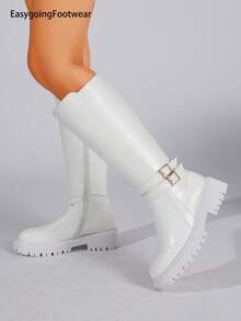Women's Autumn/Winter Dual Metal Buckle Thick Sole Side Zipper Riding Boots - White - View 1