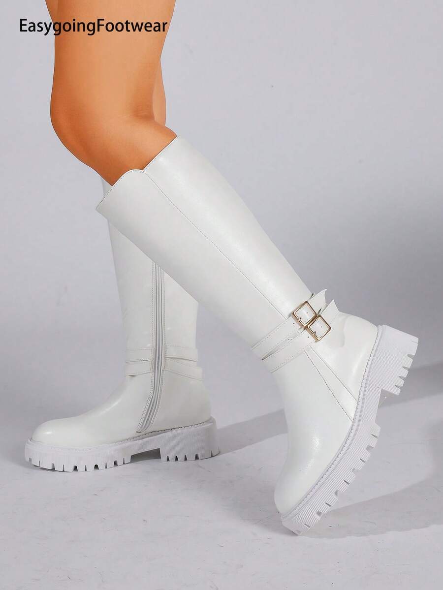 Women's Autumn/Winter Dual Metal Buckle Thick Sole Side Zipper Riding Boots - White - View 1