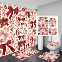 1pc/4pcs Bow & Bell Pattern Multi-Functional Bathroom Decor Shower Curtain Set Free 12 Hooks Premium Festive Atmosphere Bathroom Mat U-Shaped Floor Mat And Round Toilet Lid Cover Suitable For All Scenes Decoration Bathroom Set - Bow Bell - View 8