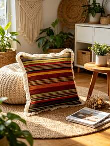 1PC Bohemian Printed Pillow Cover With Tassel Border, Double-Sided Decorative Pillowcase,Retro Color Striped Design, Home Decoration, Sofa, Bed, Bedroom,Christmas (Excluding Pillow Core)-Size Excludes 3cm Tassels - Multicolor - View 10