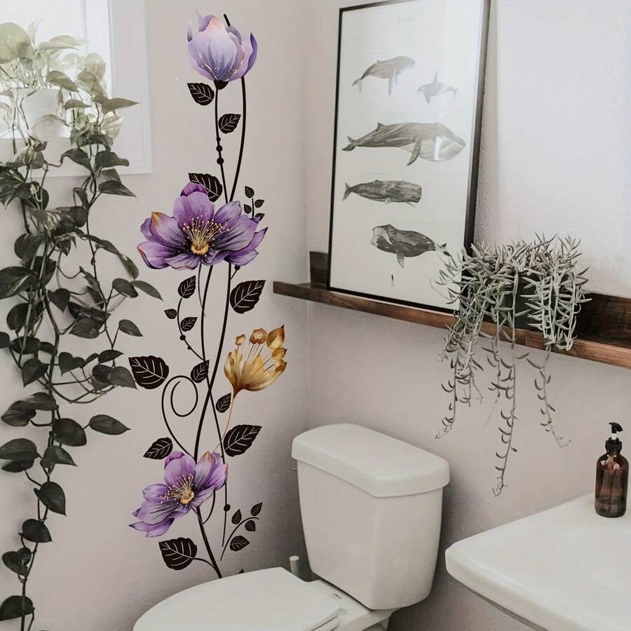 1pc (30x90cm) New Creative Purple Floral Vine Wall Sticker Bedroom Living Room Entryway Home Decor Adhesive Decal - one-size - View 1