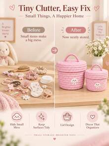 1pc Cute Woven Storage Basket For Home Lovers, Decorative Rope Organizer With Adorable Cartoon Patch Design, Handmade Storage Box With Lid For Toys, Clothes, Bedroom, Living Room Organization & Home Decor - Multicolor - View 4