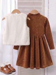 Tween Girls Tween Girl Autumn/Winter Dress Set, 2pcs Halloween Christmas Outfit, Brown Coffee Color Fuzzy Vest Jacket With Bowknot, Sweet Fashion Streetwear Matching Set - Multicolor - View 3