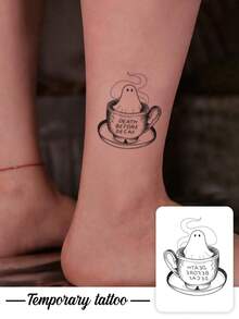 1pc Temporary Tattoo Sticker, Line Art Ghost In Coffee Cup Pattern, Realistic Fake Tattoo Design, For Daily Wear, Bachelorette Party Favors, Music Festival, Game, Graduation Gift, Lasts 3‑5 Days - Black - View 1