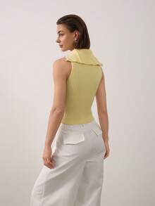 Women's Minimalist Butter Yellow Solid Color Zip-Up Collared Sleeveless Ribbed Knit Top Summer - Yellow - View 2