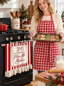 1pc 2D Red And White Striped Ruffle Multi-Functional Decorative Curtain, Suitable For Kitchen Skirt, Oven Cover, Washing Machine, Dishwasher, Bathroom Window Decoration And Kitchen, Halloween Kitchen Apron - Multicolor - View 2