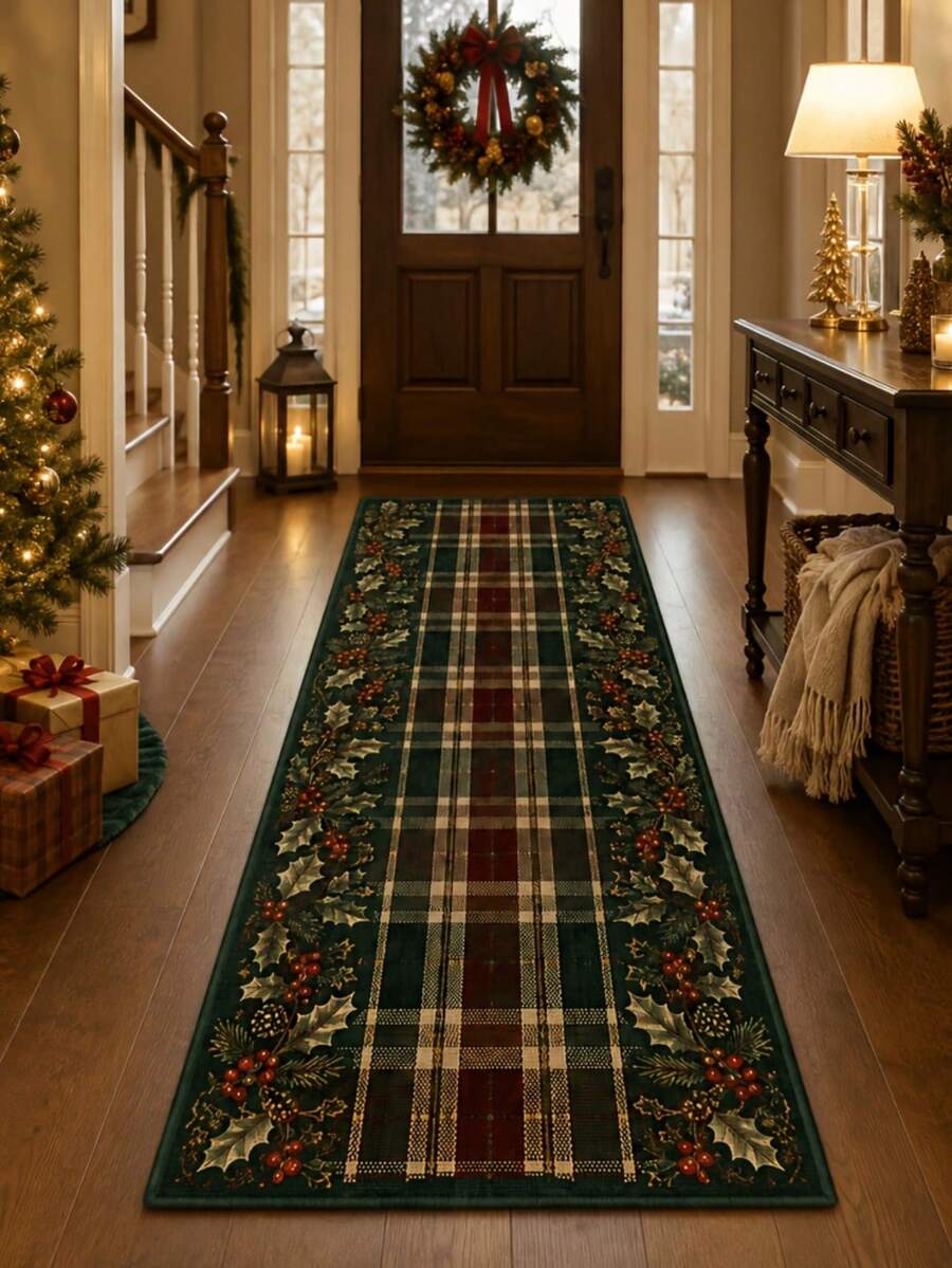 1pc Scottish Plaid Holly Christmas Long Runner Rug, Velvet Carpet, Suitable For Room Decoration, Indoor Door Mat, Living Room Rug, Kitchen Mat, Bedroom Carpet, Bathroom Mat, Washable Rug, Home Decor, Bedroom Decor, Non-Slip Wear-Resistant, Noise Reduction Soundproof, Skin-Friendly Soft - Scottish Tartan Holly - View 1