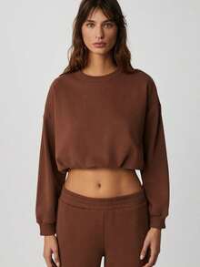 DEWANNA Women's Long Sleeve Crop Bitter Coffee Tracksuit Set - Brown - View 2