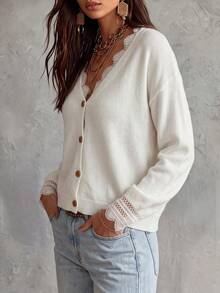 Women's Casual Cute French Style Single-Breasted Contrast Color Lace Long Sleeve Knit Cardigan Top, Autumn/Winter - White - View 7