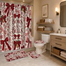 1pc/4pcs Bow & Bell Pattern Multi-Functional Bathroom Decor Shower Curtain Set Free 12 Hooks Premium Festive Atmosphere Bathroom Mat U-Shaped Floor Mat And Round Toilet Lid Cover Suitable For All Scenes Decoration Bathroom Set - Bow Bell - View 4