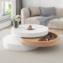 Three-Tier Cylindrical Coffee Table/Multi-Layered Color Scheme/Load Capacity: 30 Kg/Top And Bottom Panels Rotate 360°/Compact Size/Suitable For Living Room, Bedroom, Work Area/White + Natural Wood - White + Natural Wood - View 2