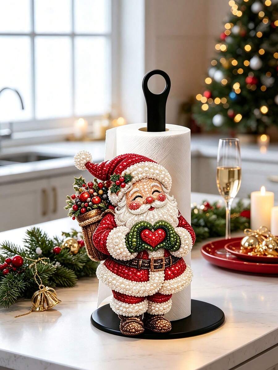 2D Flat Christmas Decor Kitchen Paper Towel Holder (No Power Light) - Desktop Tabletop Roll Holder With Display And Storage Function, Fun Faux Pearl Santa Claus Design, Suitable For Kitchen, Bathroom, Living Room And Dining Room, Decorative Ornament To Create Warm Christmas Atmosphere. 2D, Not 3D - Multicolor - View 1