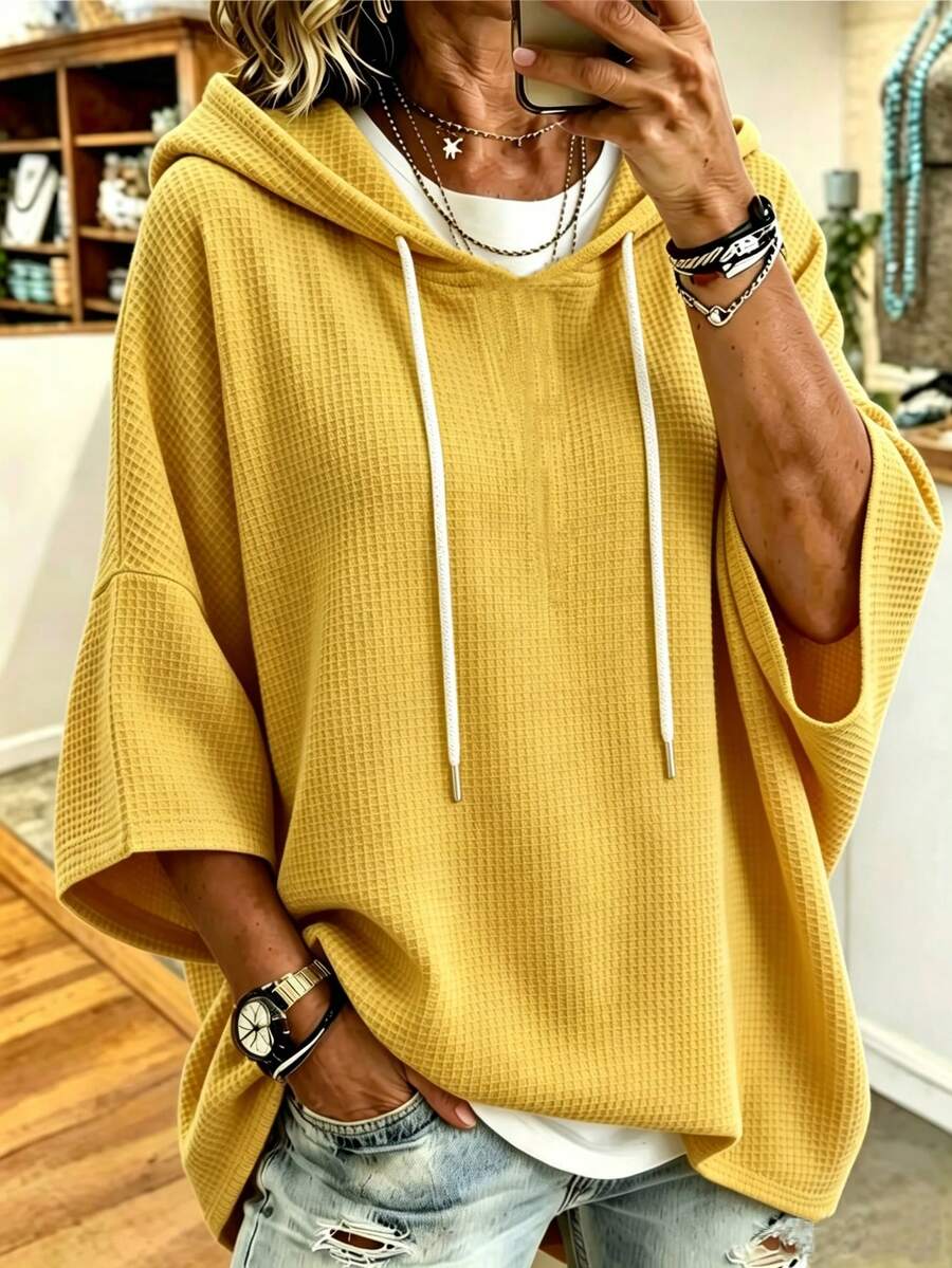 Women's Solid Color Hooded Sweatshirt, Loose Fit, Dropped Shoulder Design, 3/4 Sleeve, Drawstring Detail, Casual Everyday Top - Yellow - View 1