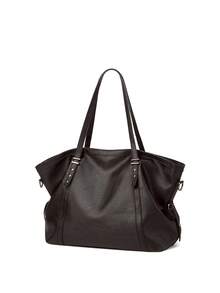 Women Black Crinkled Tote Shoulder Bag, Star Rivet Decor Adjustable Strap Large Capacity Casual Daily Handbag - Multi-color - View 3