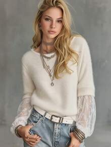 ii Women's Round Neck Contrast Lace Cuff Elegant Sweater - White - View 2
