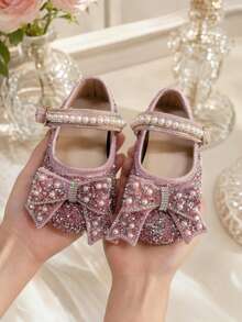 1 Pair 2026 New Girls' Shoes With Large Bow, Pearl And Rhinestone Decor, Glitter Rhinestone Material, Round Toe, Metal Buckle Strap, Flat Sole, Luxury Shiny Style Girls' Shoes For Stage Performance / Birthday Party - Pink - View 4