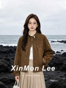 Korean Style Vintage Fleece Suede Lamb Wool Jacket Solid Color Zipper Jacket Daily Office Campus Autumn Winter - Coffee Brown - View 1
