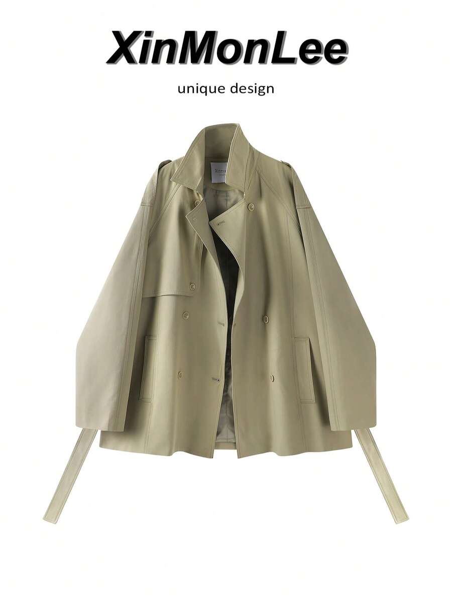Loose Relaxed Fit 2026 New Apricot Trench Coat Button-Up Jacket For Evening Date, College, Office, Daily Wear, Autumn/Winter - Apricot - View 1