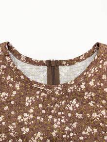 Tween Girls Tween Girl Autumn/Winter Brown Ditsy Floral Print Patchwork Lace Ruffle Flutter Sleeve Cinched Waist A-Line Pastoral Vacation Dress - Multicolor - View 4